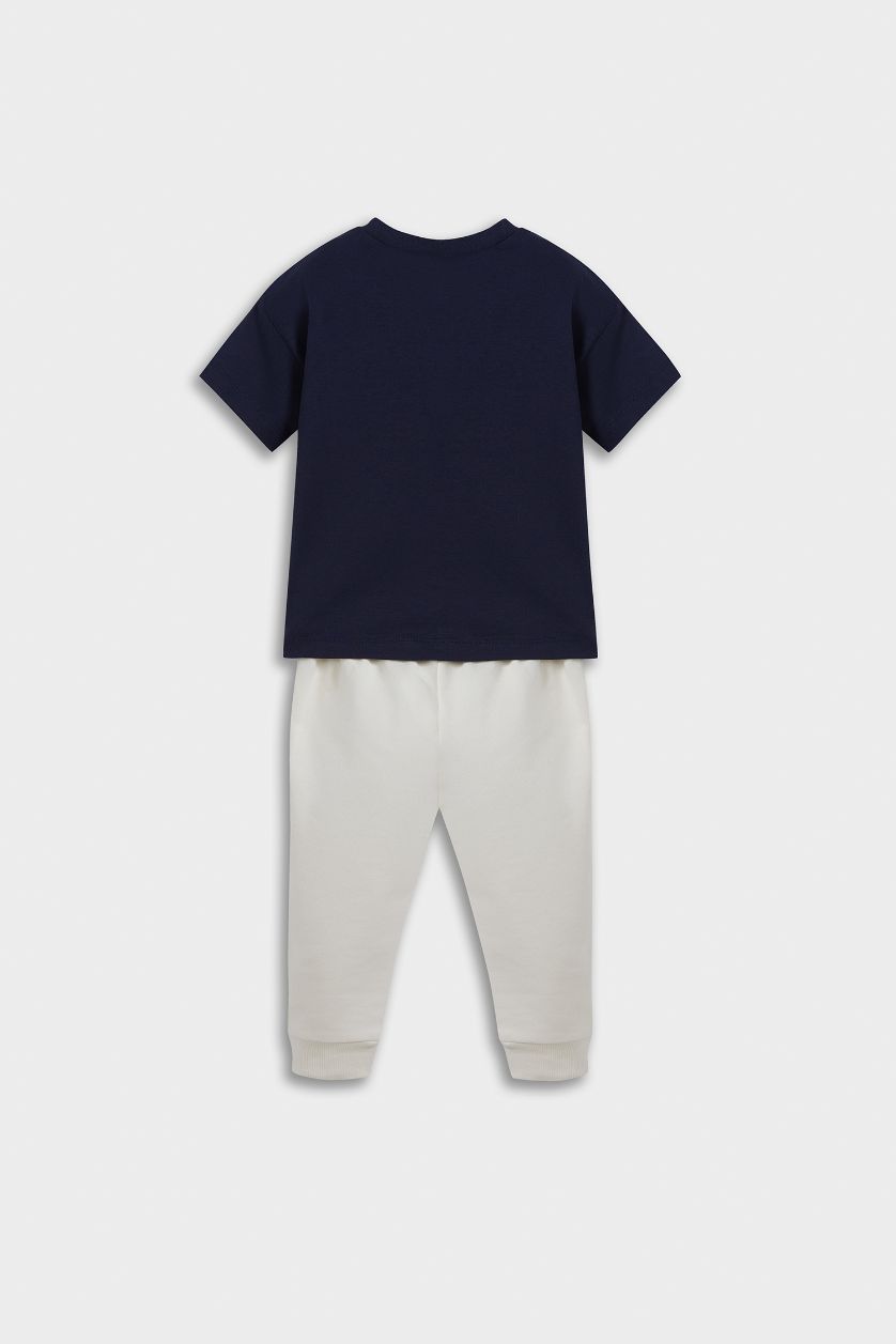 Erkek Bebek Lacivert Erkek Bebek 2'li Takım Baskılı Kısa Kollu Tişört Eşofman Altı 