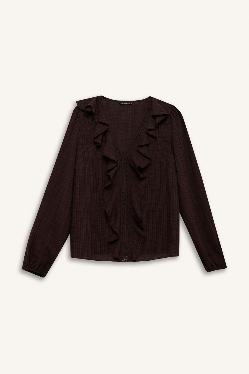 Kadın Kahve Oversize Geniş Kalıp V Yaka Pamuklu Fırfırlı Uzun Kollu Bluz