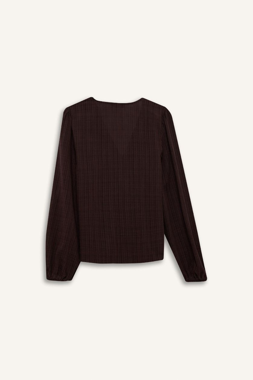 Kadın Kahve Oversize Geniş Kalıp V Yaka Pamuklu Fırfırlı Uzun Kollu Bluz