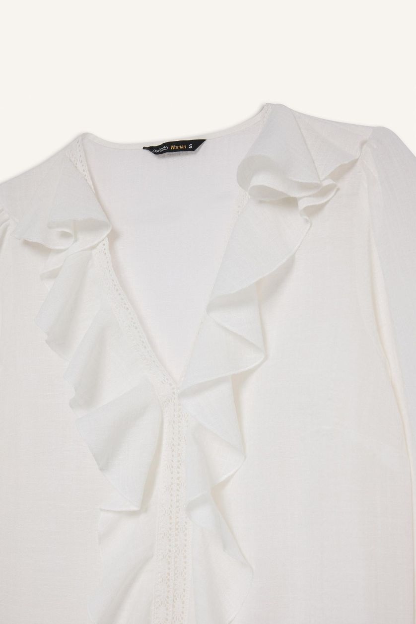 Kadın Ekru Oversize Geniş Kalıp V Yaka Pamuklu Volanlı Uzun Kollu Bluz