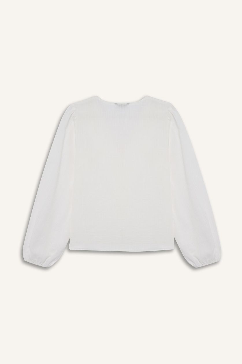 Kadın Ekru Oversize Geniş Kalıp V Yaka Pamuklu Volanlı Uzun Kollu Bluz