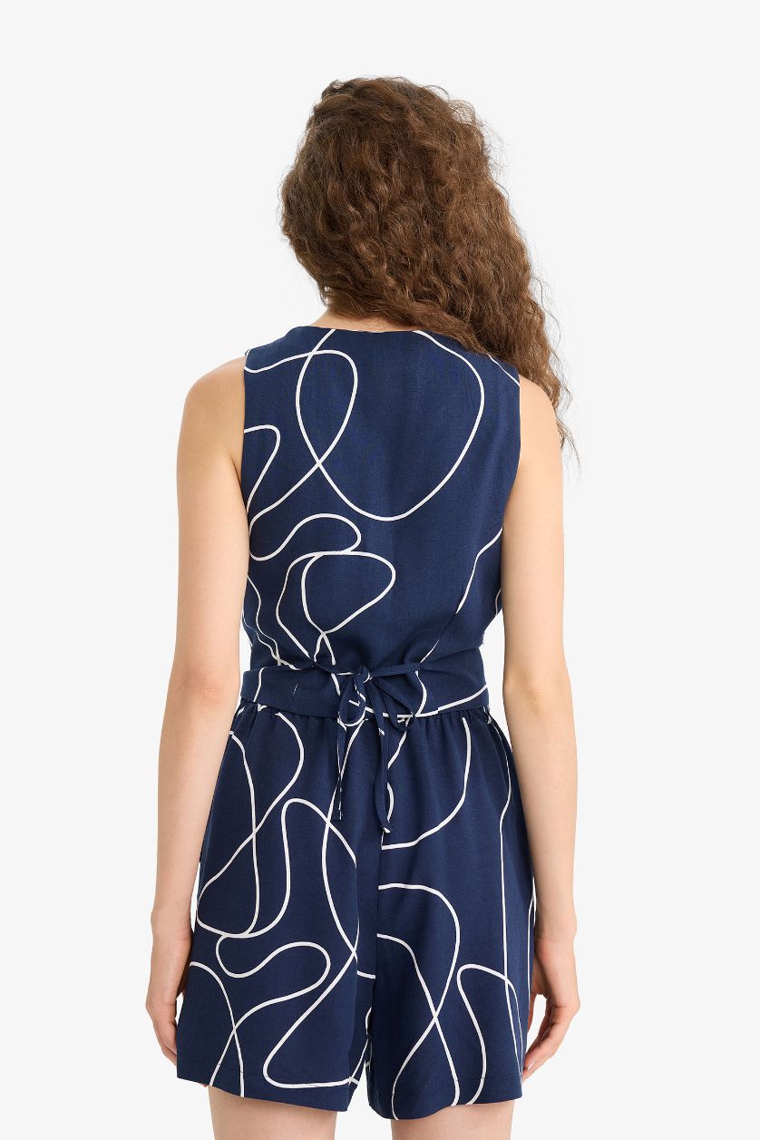 Kadın Lacivert V Yaka Desenli Keten Karışımlı Blazer Yelek