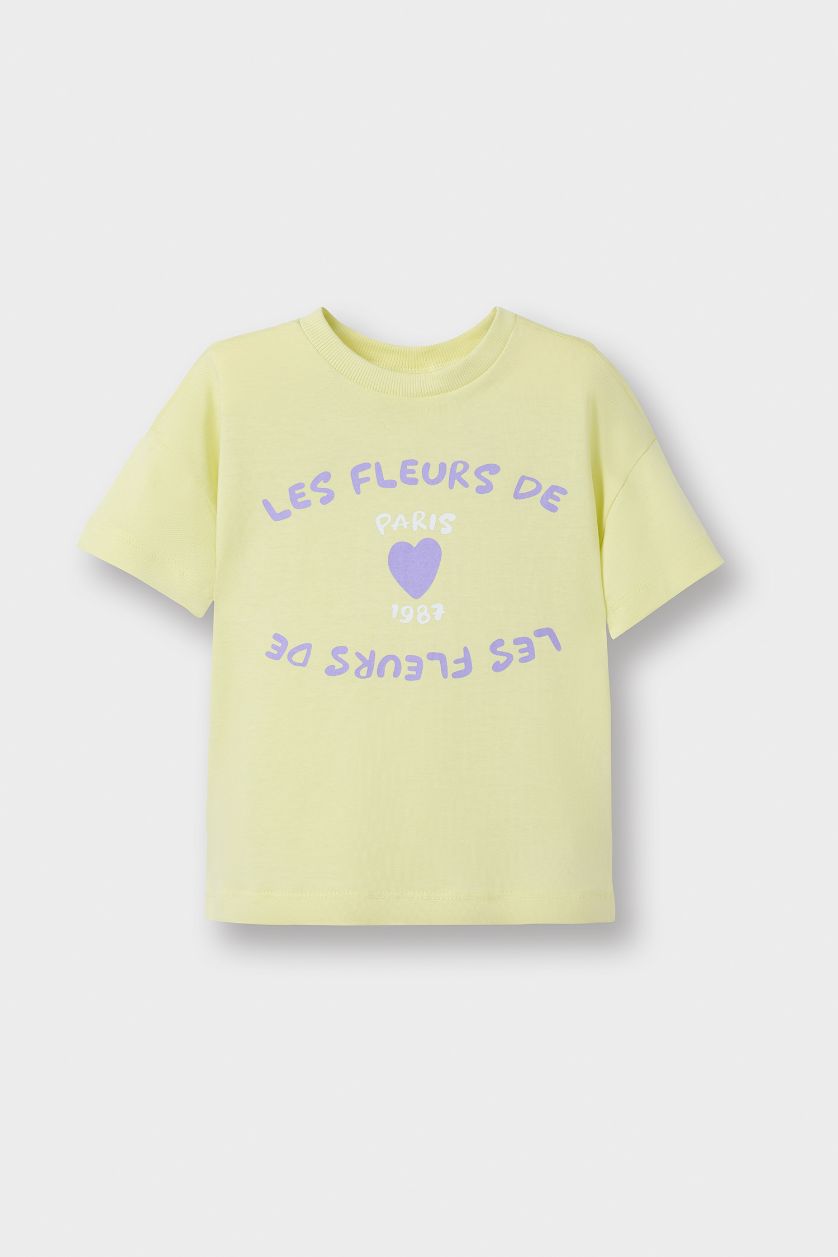 Kız Bebek Açık Sarı Bisiklet Yaka Baskılı Kısa Kollu Tişört Kız Bebek