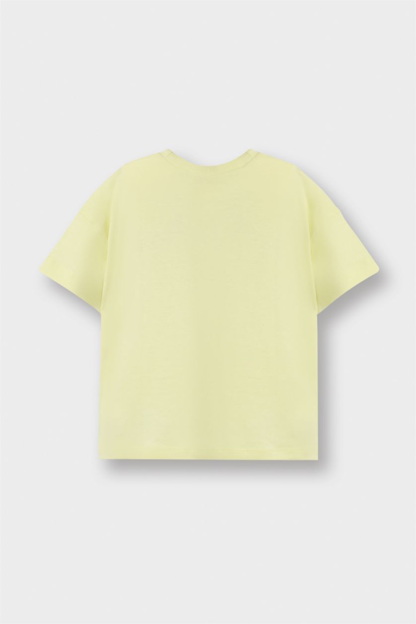 Kız Bebek Açık Sarı Bisiklet Yaka Baskılı Kısa Kollu Tişört Kız Bebek
