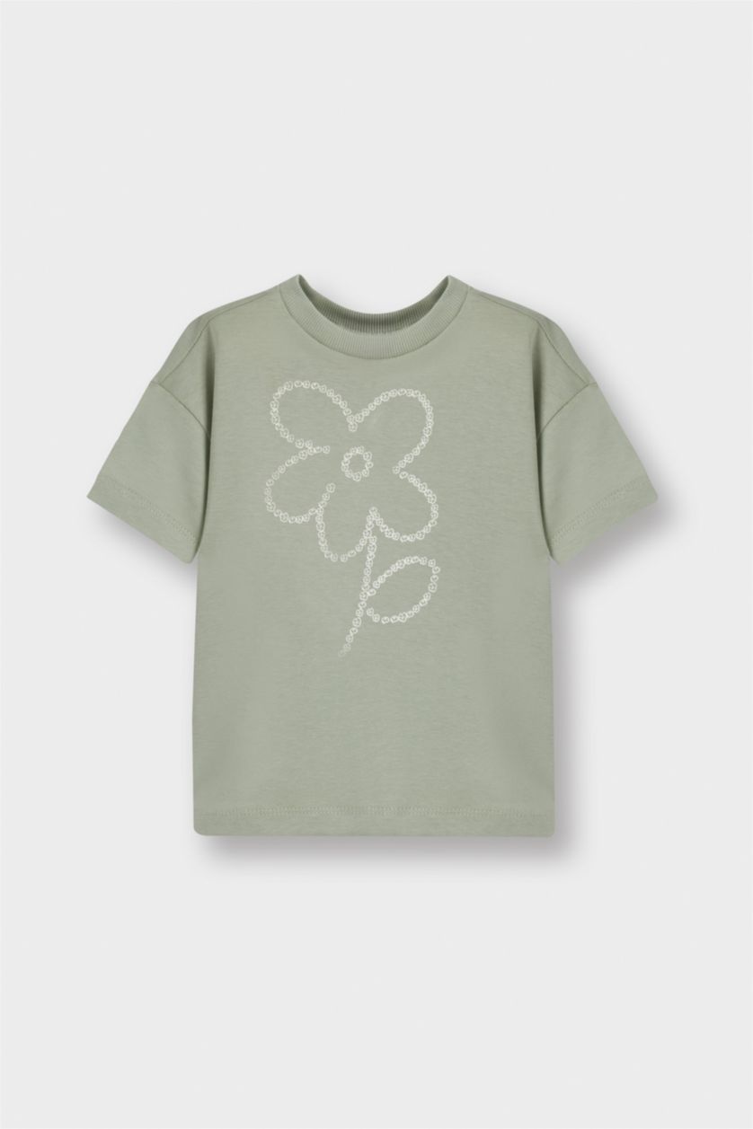 Kız Bebek Mavi Bisiklet Yaka Çiçekli Kısa Kollu Tişört Kız Bebek