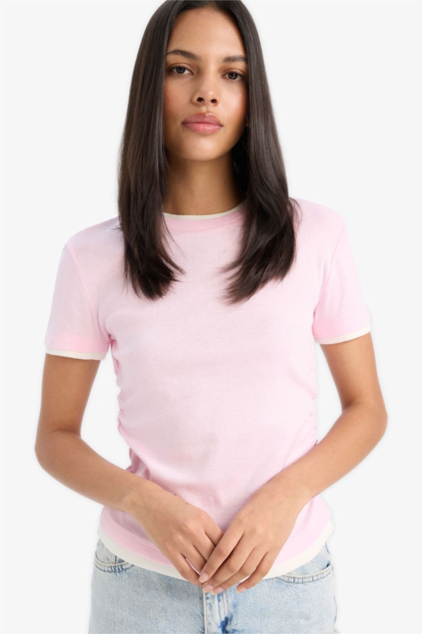 Kadın Pembe Slim Fit Dar Kesim Bisiklet Yaka Basic Düz Ribana Kısa Kollu Pembe Tişört