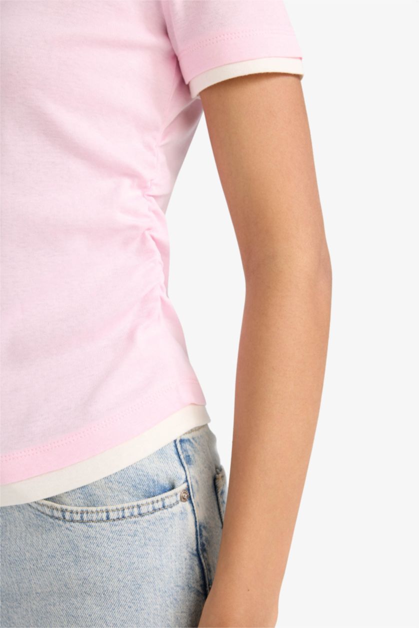 Kadın Pembe Slim Fit Dar Kesim Bisiklet Yaka Basic Düz Ribana Kısa Kollu Pembe Tişört