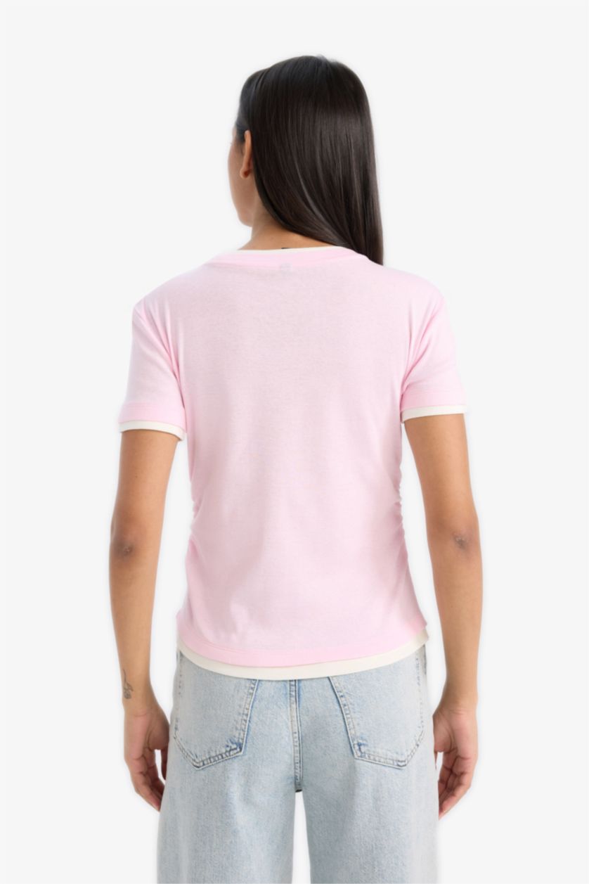 Kadın Pembe Slim Fit Dar Kesim Bisiklet Yaka Basic Düz Ribana Kısa Kollu Pembe Tişört