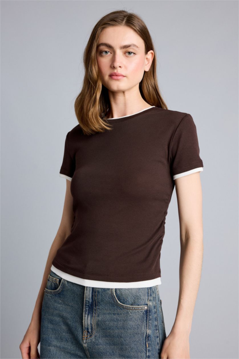 Women Brown Slim Fit Ribana Short Sleeve T-Shirt