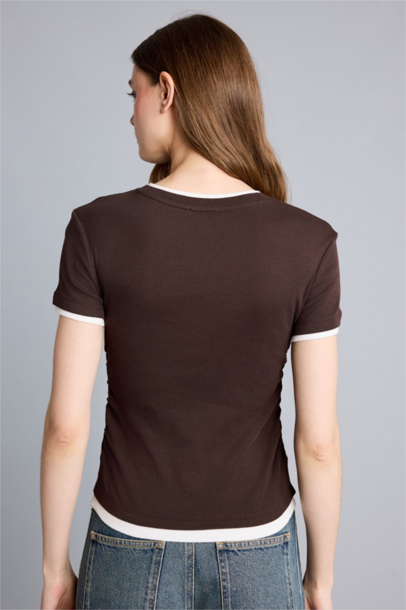 Women Brown Slim Fit Ribana Short Sleeve T-Shirt