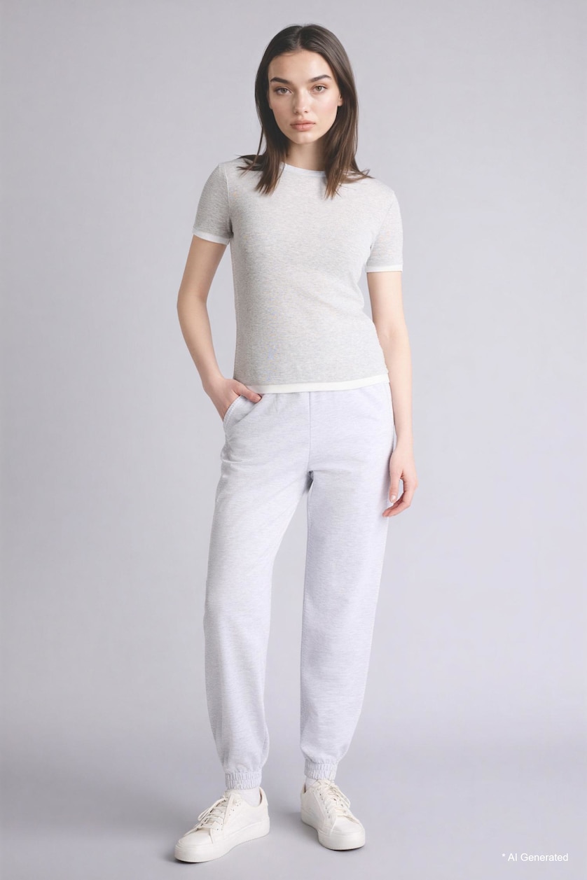 Women Grey Melange Slim Fit Crew Neck Ribana Short Sleeve T-Shirt