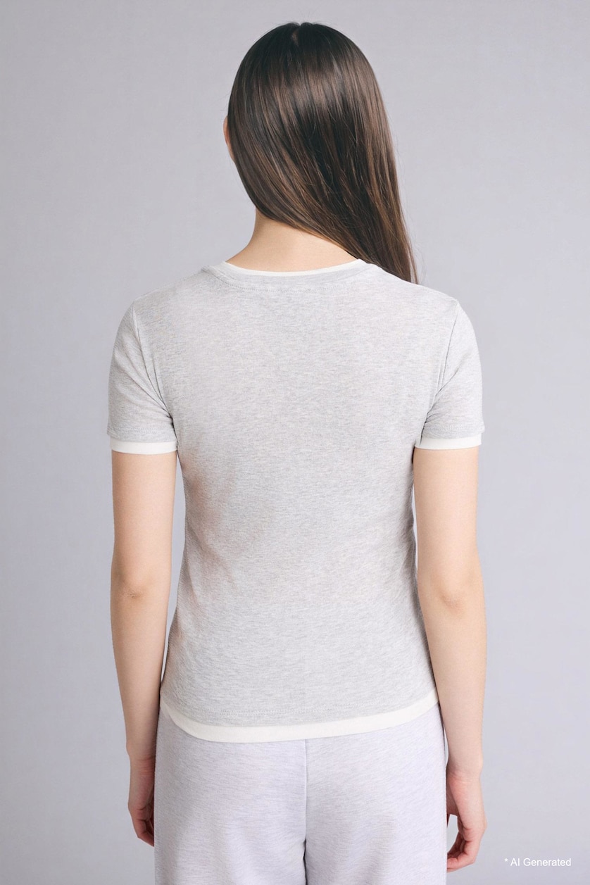 Women Grey Melange Slim Fit Crew Neck Ribana Short Sleeve T-Shirt