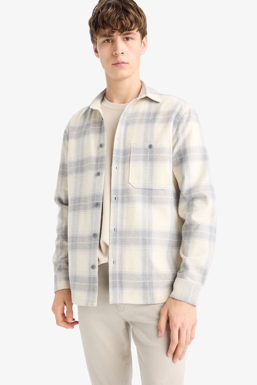 MAN Light Grey Regular Fit Polo Collar Flannel Long Sleeve Shirt