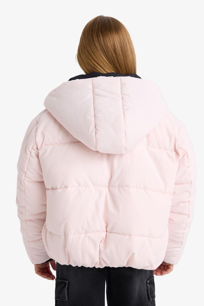 Kız Çocuk - Genç Kız Açık Pembe Su Geçirmez Kapüşonlu Fermuarlı Şişme Kayak Montu Kız Çocuk