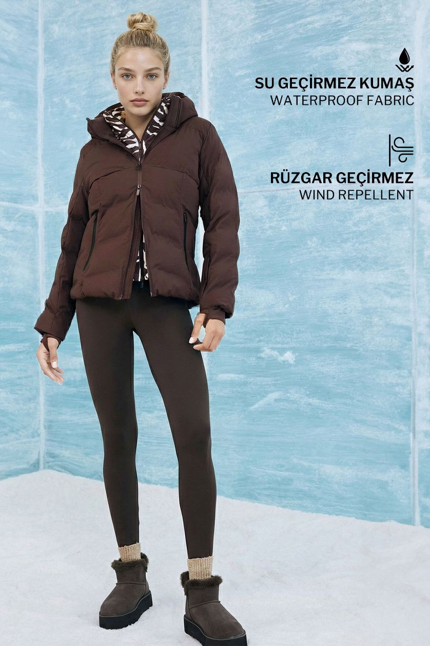 Kadın Kahve Su İtici Regular Fit Kapüşonlu Kayak Montu