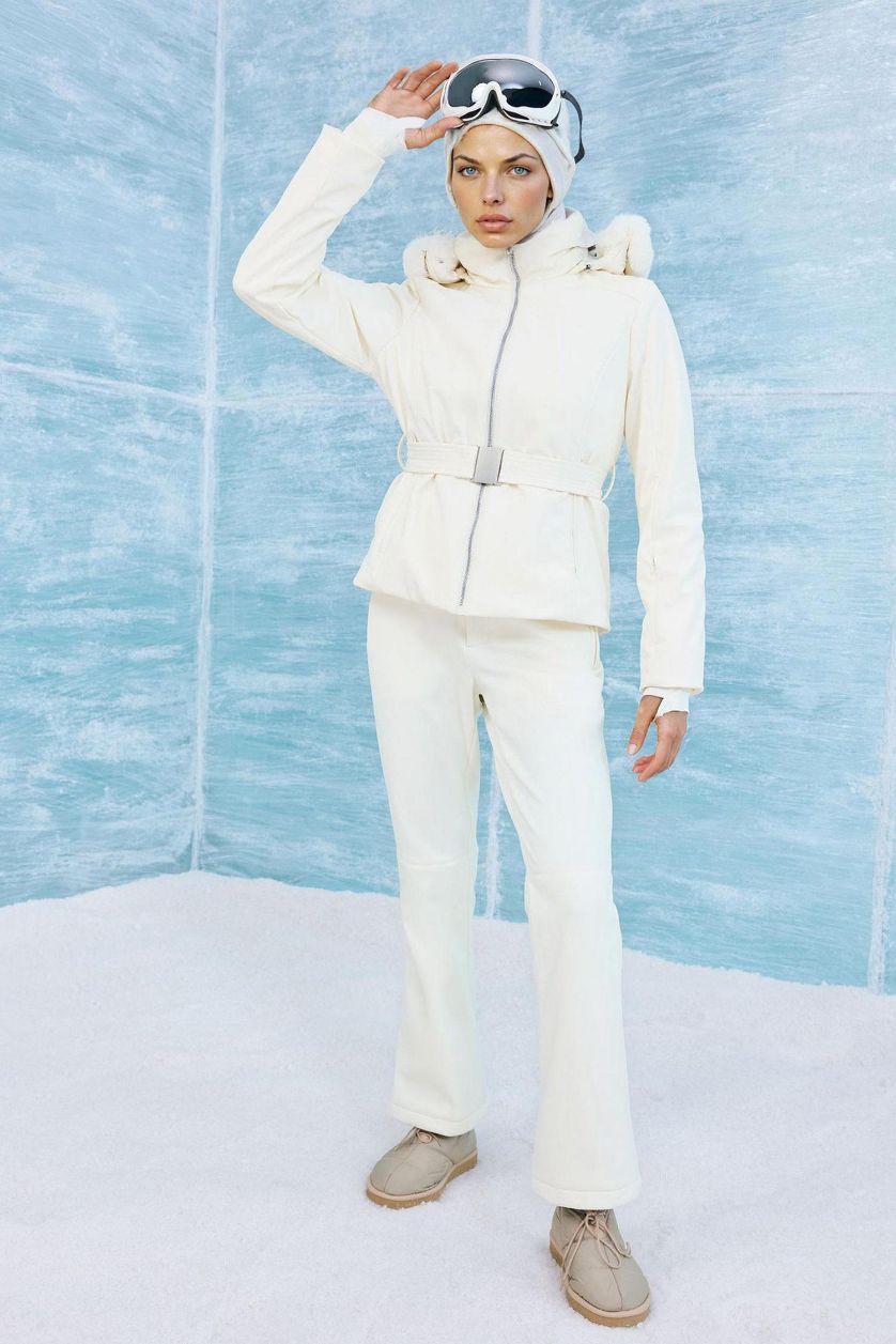 نساء اوف وايت جاكيت تزلج مقاوم للماء سليم فيت بغطاء للرأس