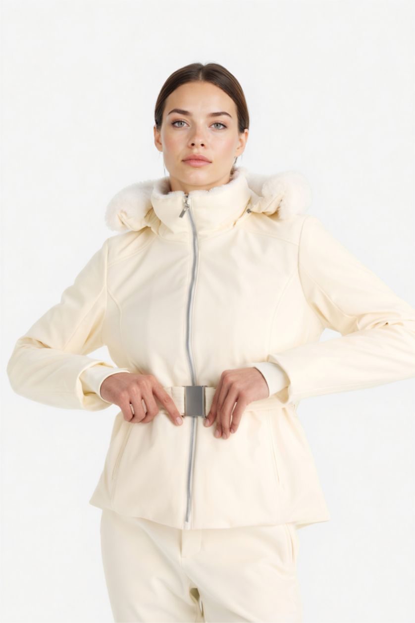 FEMME Blanc Veste de ski softshell déperlante à capuche ceinturée Slim Fit