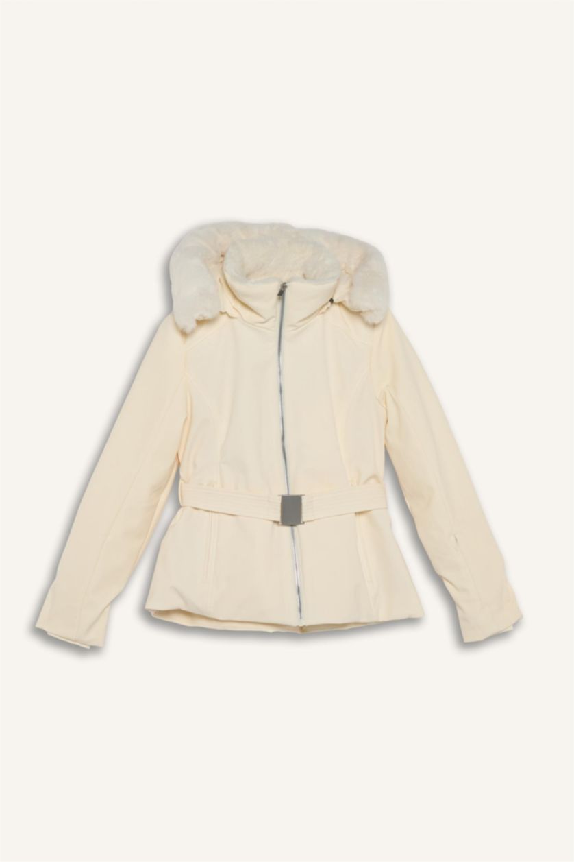 FEMME Blanc Veste de ski softshell déperlante à capuche ceinturée Slim Fit