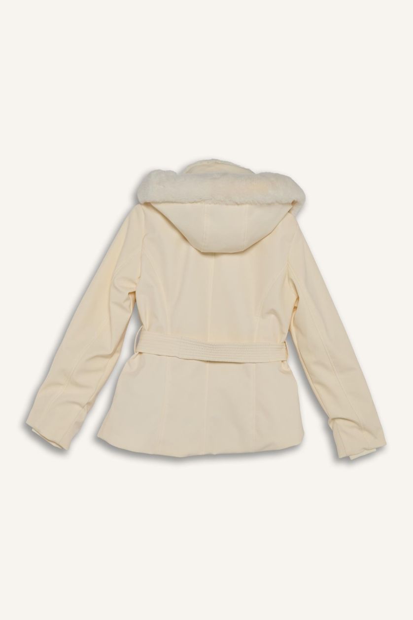 نساء اوف وايت جاكيت تزلج مقاوم للماء سليم فيت بغطاء للرأس