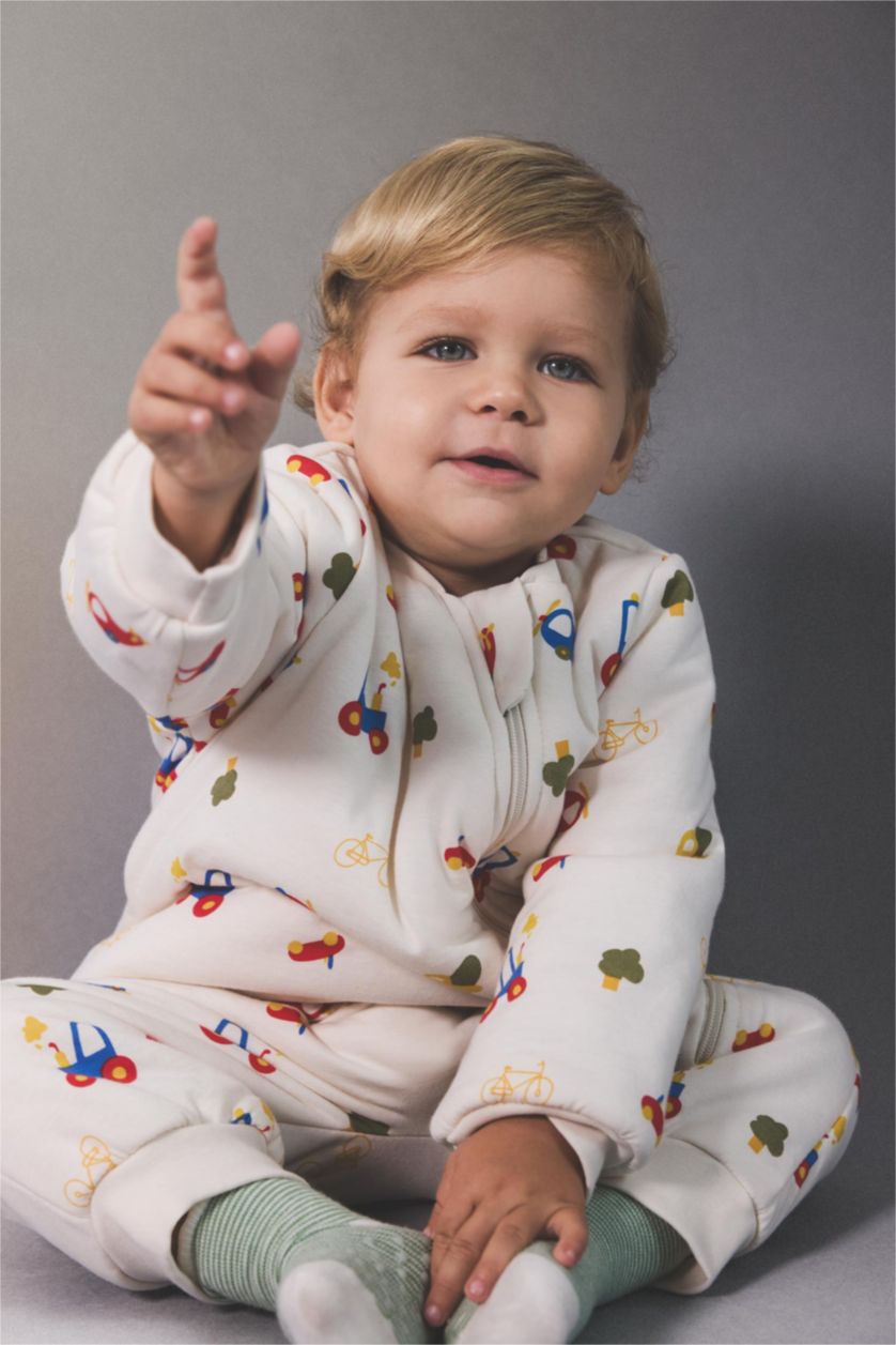 Erkek Bebek Ekru Erkek Bebek 1,6 Tog Elyaf Araç Baskılı Penye Uzun Kollu Tulum