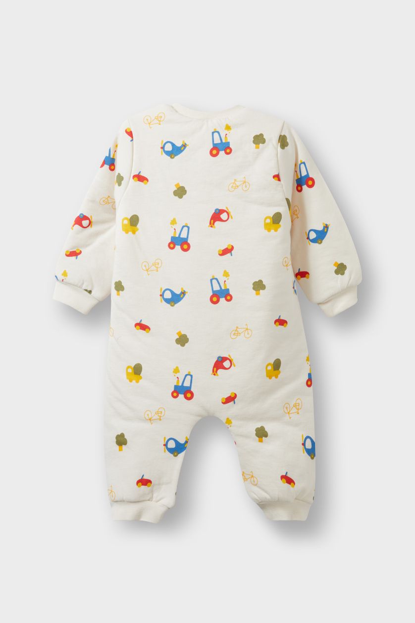 Erkek Bebek Ekru Erkek Bebek 1,6 Tog Elyaf Araç Baskılı Penye Uzun Kollu Tulum