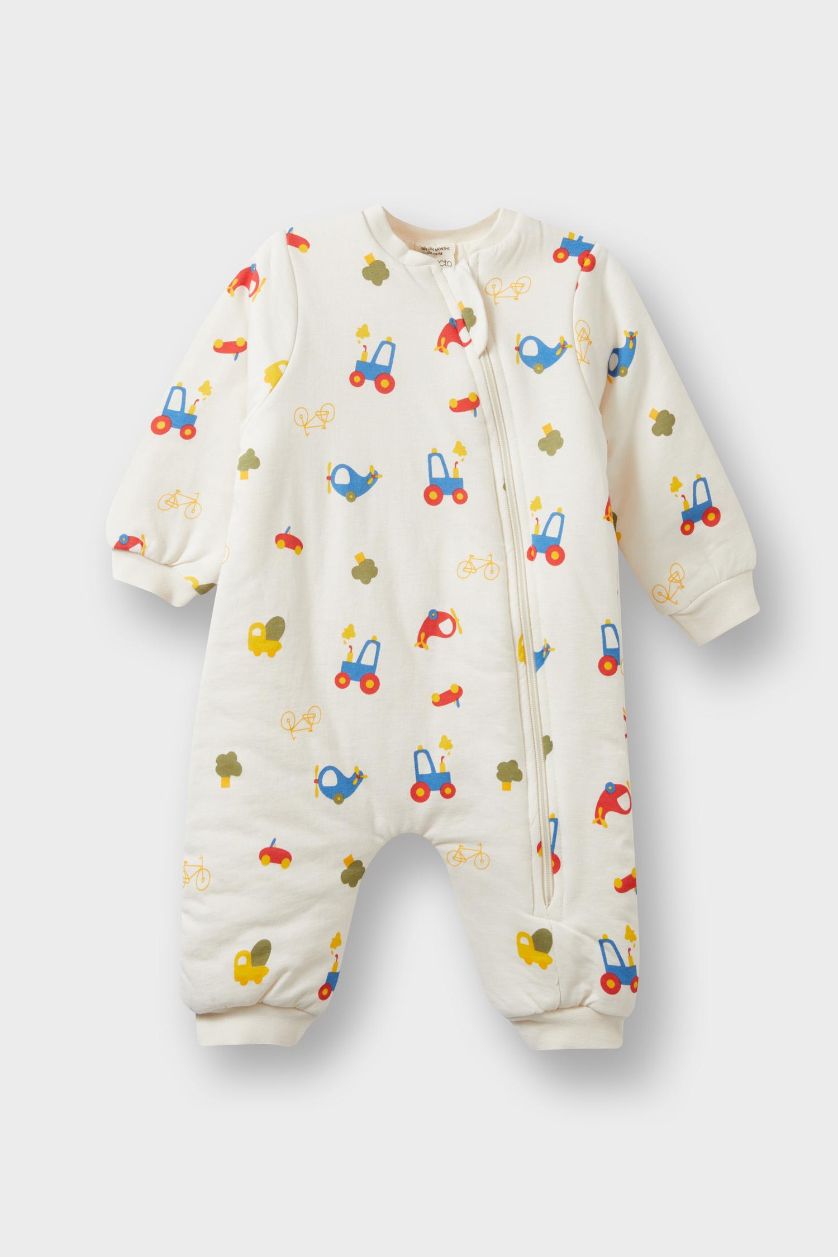 Erkek Bebek Ekru Erkek Bebek 1,6 Tog Elyaf Araç Baskılı Penye Uzun Kollu Tulum