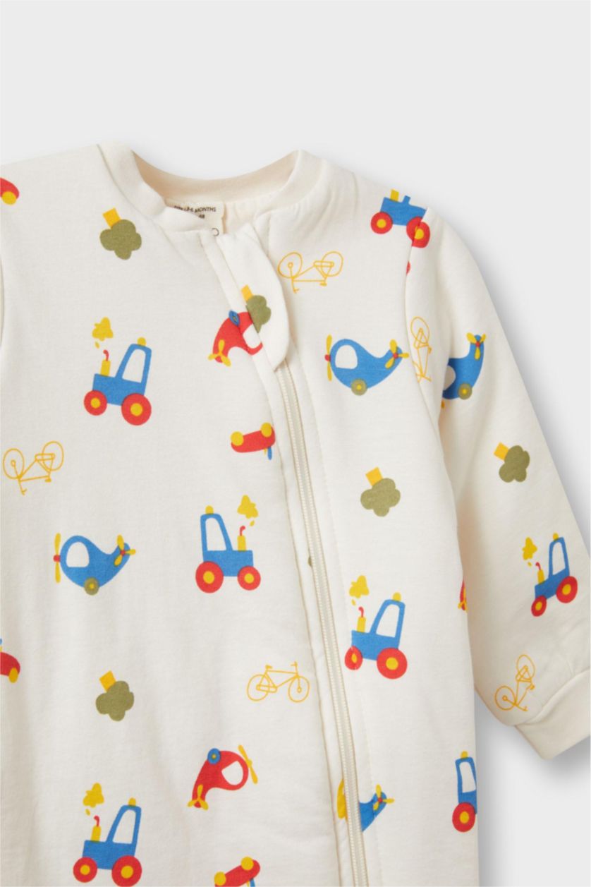 Erkek Bebek Ekru Erkek Bebek 1,6 Tog Elyaf Araç Baskılı Penye Uzun Kollu Tulum