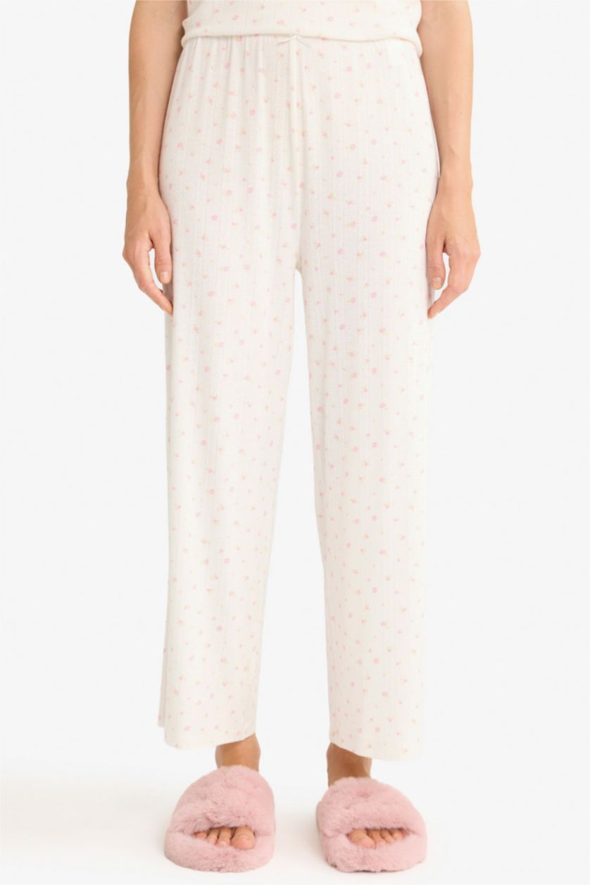 Kadın Ekru Pijama Takımı Regular Fit Kısa Kollu Üst Uzun Alt