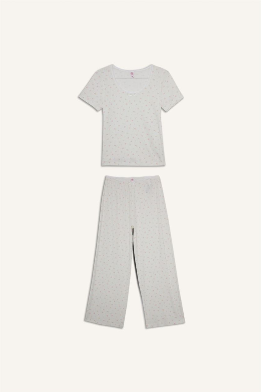 Kadın Ekru Pijama Takımı Regular Fit Kısa Kollu Üst Uzun Alt