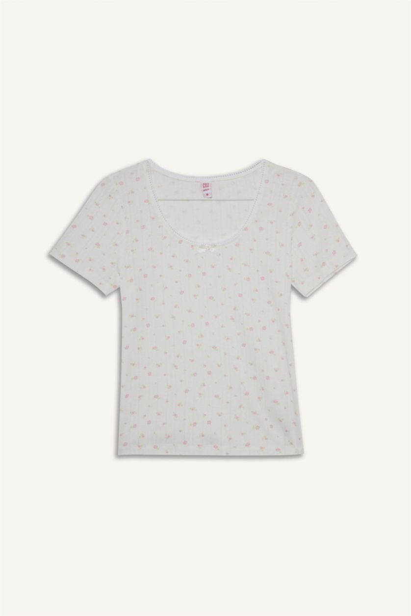 Kadın Ekru Pijama Takımı Regular Fit Kısa Kollu Üst Uzun Alt