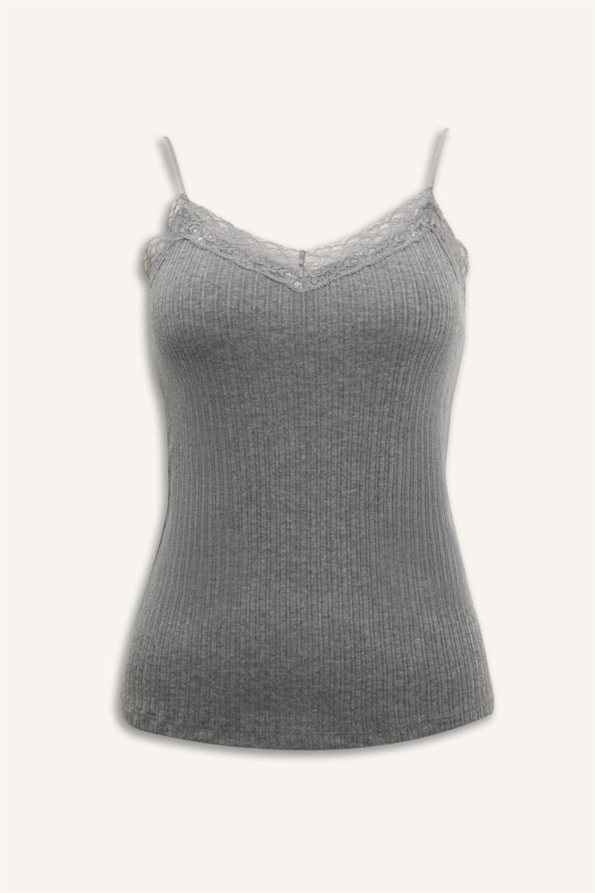 Kadın Gri Melanj Dantel Detaylı Ribana Atlet