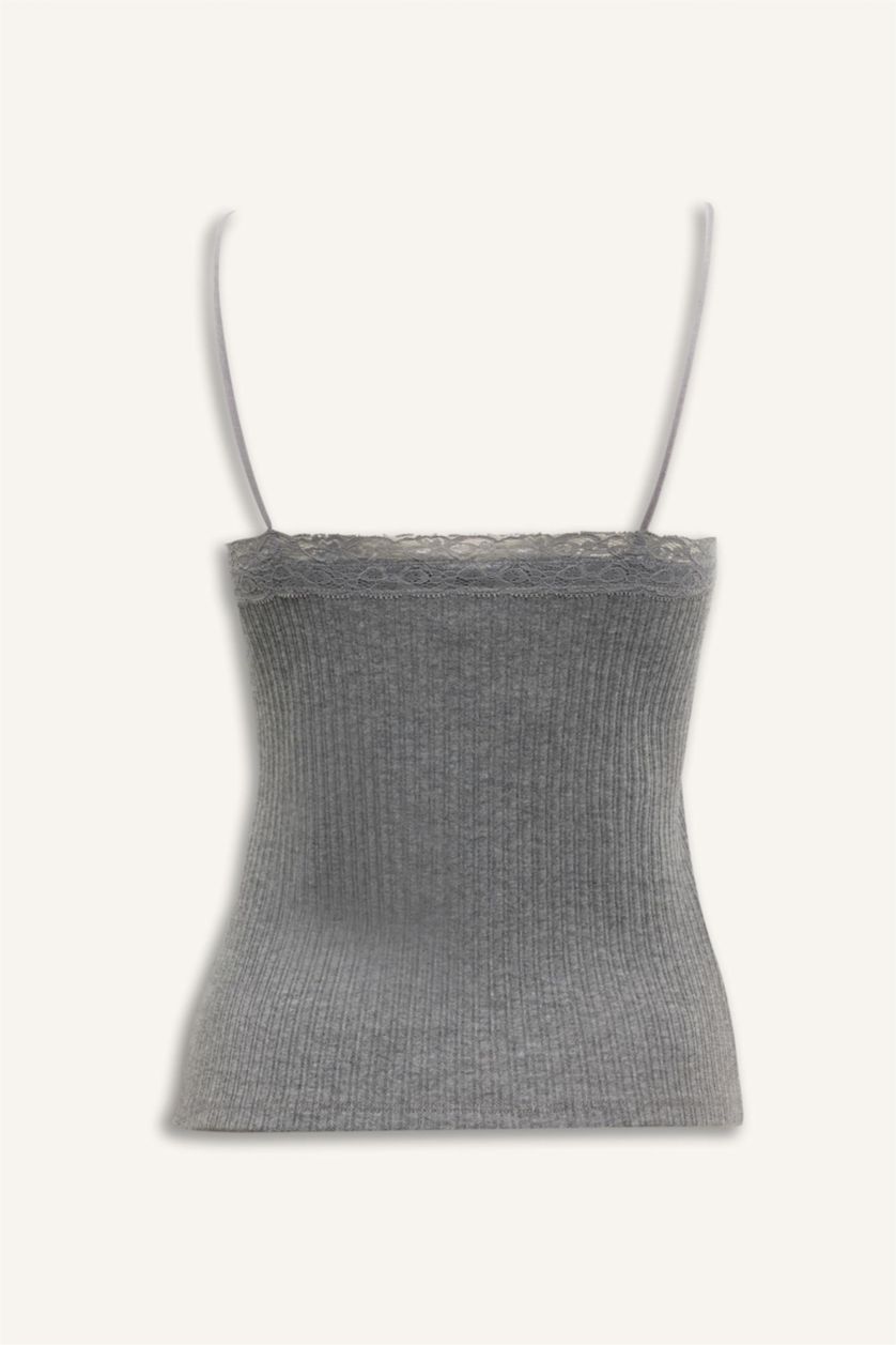 Kadın Gri Melanj Dantel Detaylı Ribana Atlet