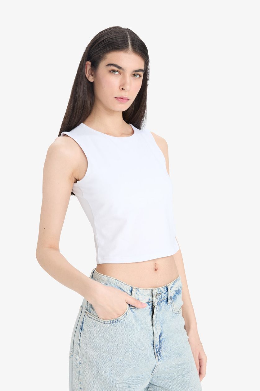 Kadın Beyaz Regular Fit Basic Düz Bisiklet Yaka Beyaz Atlet