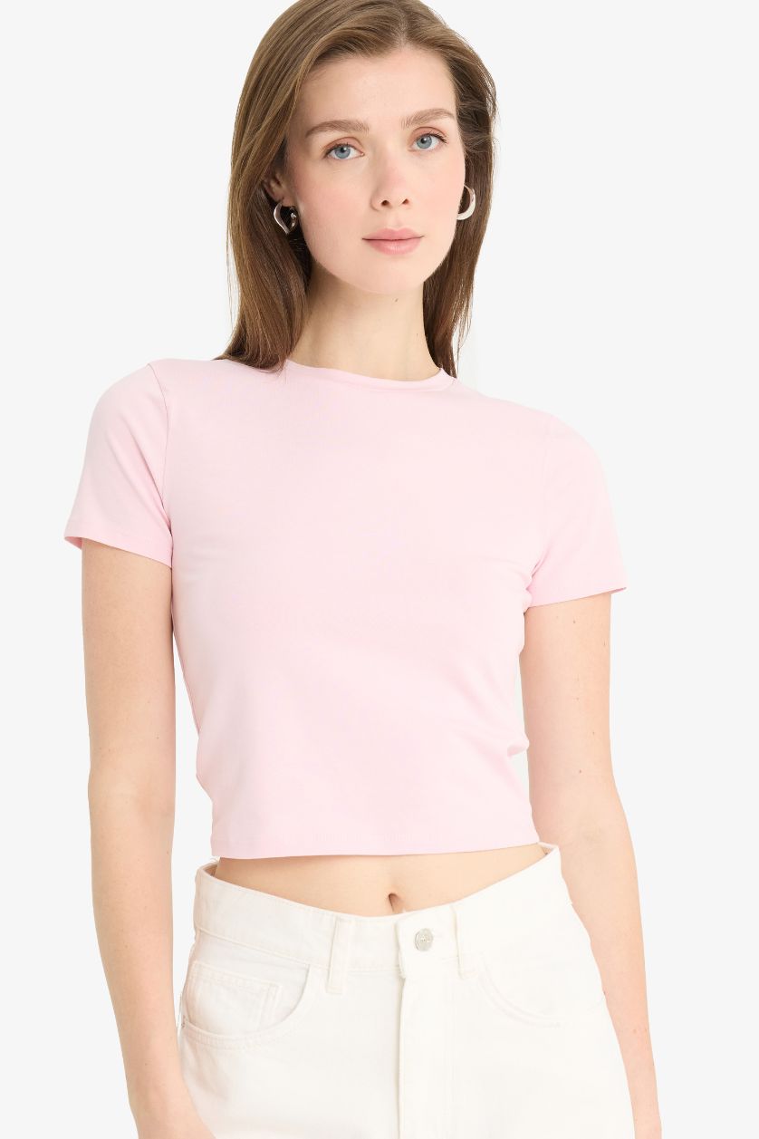 Woman Pink Slim Fit Slim Fit Crew Neck Basic T-Shirt