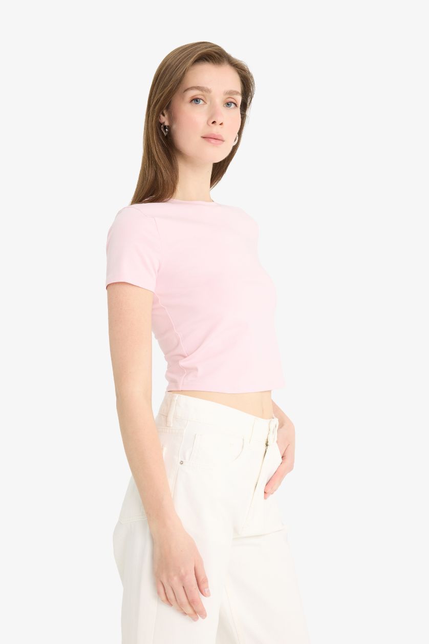 Woman Pink Slim Fit Slim Fit Crew Neck Basic T-Shirt