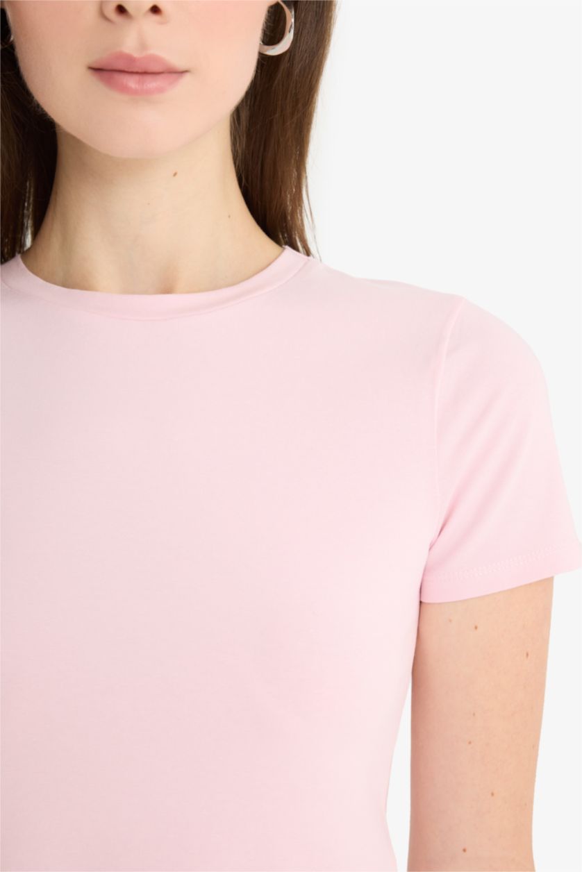 Woman Pink Slim Fit Slim Fit Crew Neck Basic T-Shirt