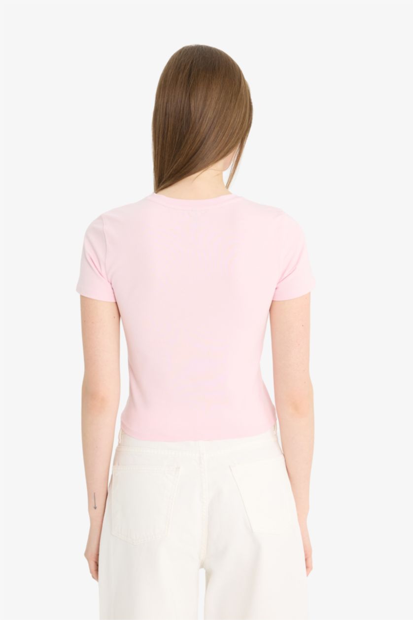 Woman Pink Slim Fit Slim Fit Crew Neck Basic T-Shirt