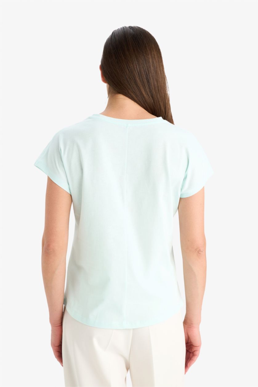 نساء نعناعي فاتح تيشيرت نص ردن فلورال قصة عادية بياخة مستديرة