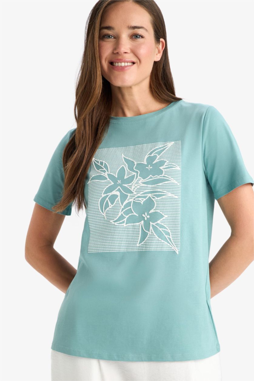 Woman Green Regular Fit Crew Neck Ethnic Patterned Cotton T-Shirt