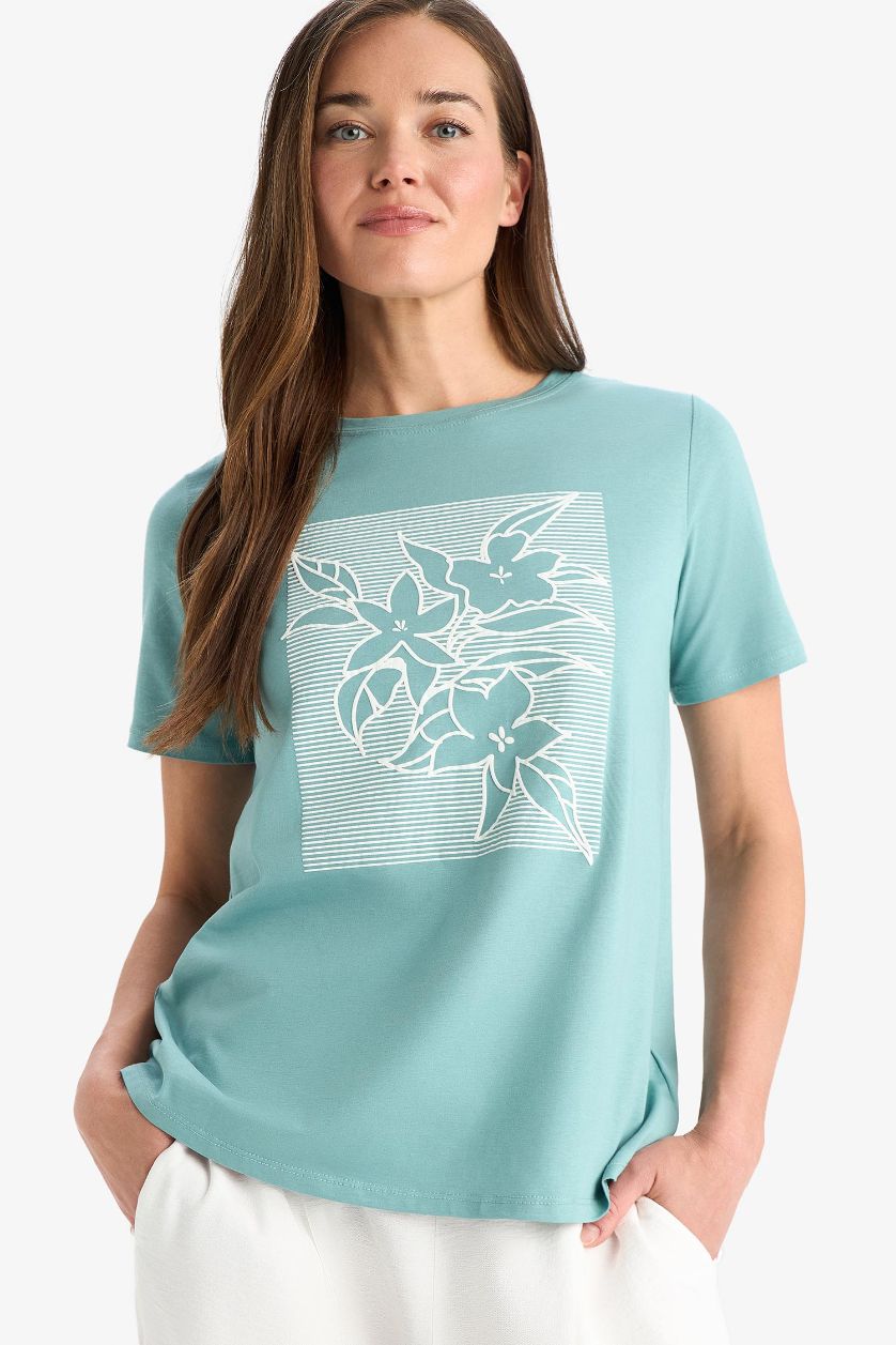 Woman Green Regular Fit Crew Neck Ethnic Patterned Cotton T-Shirt