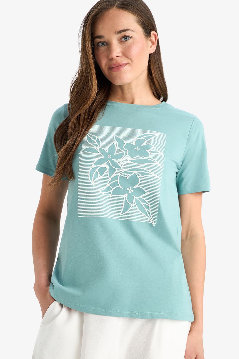 Woman Green Regular Fit Crew Neck Ethnic Patterned Cotton T-Shirt