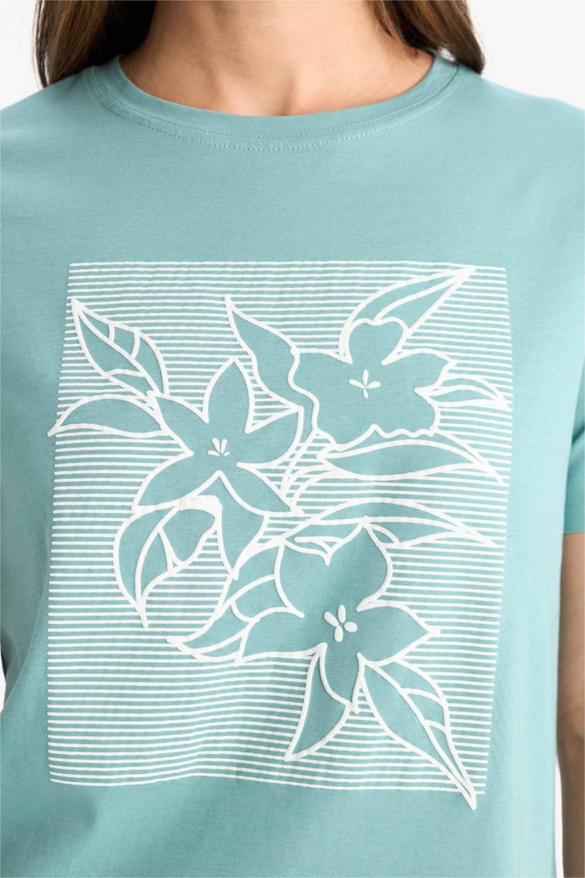 Woman Green Regular Fit Crew Neck Ethnic Patterned Cotton T-Shirt