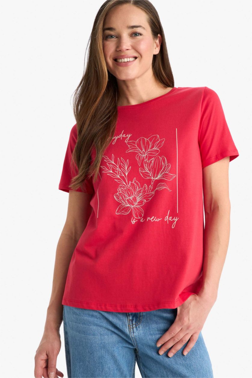 Woman Red Regular Fit Crew Neck Ethnic Patterned Cotton T-Shirt