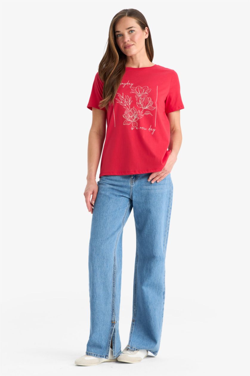 Woman Red Regular Fit Crew Neck Ethnic Patterned Cotton T-Shirt