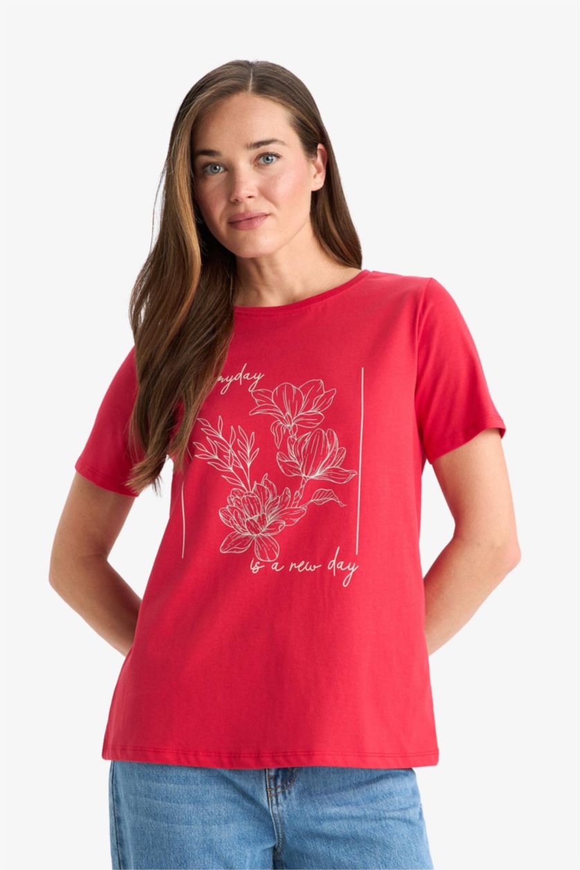 Woman Red Regular Fit Crew Neck Ethnic Patterned Cotton T-Shirt