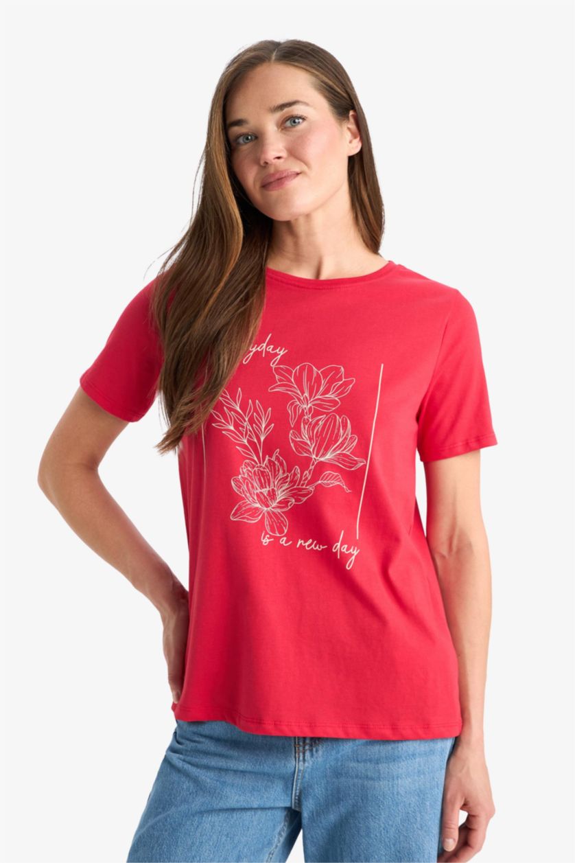 Woman Red Regular Fit Crew Neck Ethnic Patterned Cotton T-Shirt