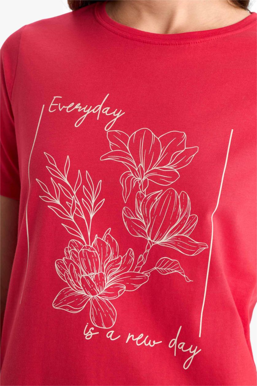 Woman Red Regular Fit Crew Neck Ethnic Patterned Cotton T-Shirt