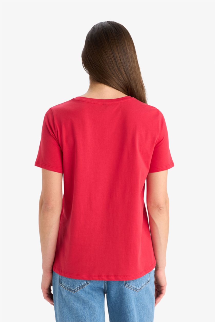 Woman Red Regular Fit Crew Neck Ethnic Patterned Cotton T-Shirt