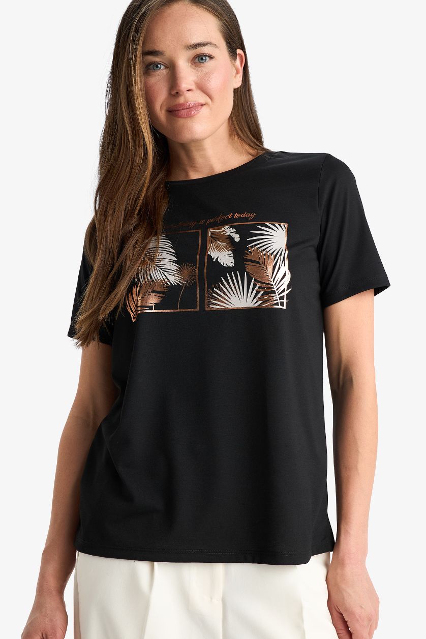 Woman Black Crew Neck Floral Short Sleeve T-Shirt