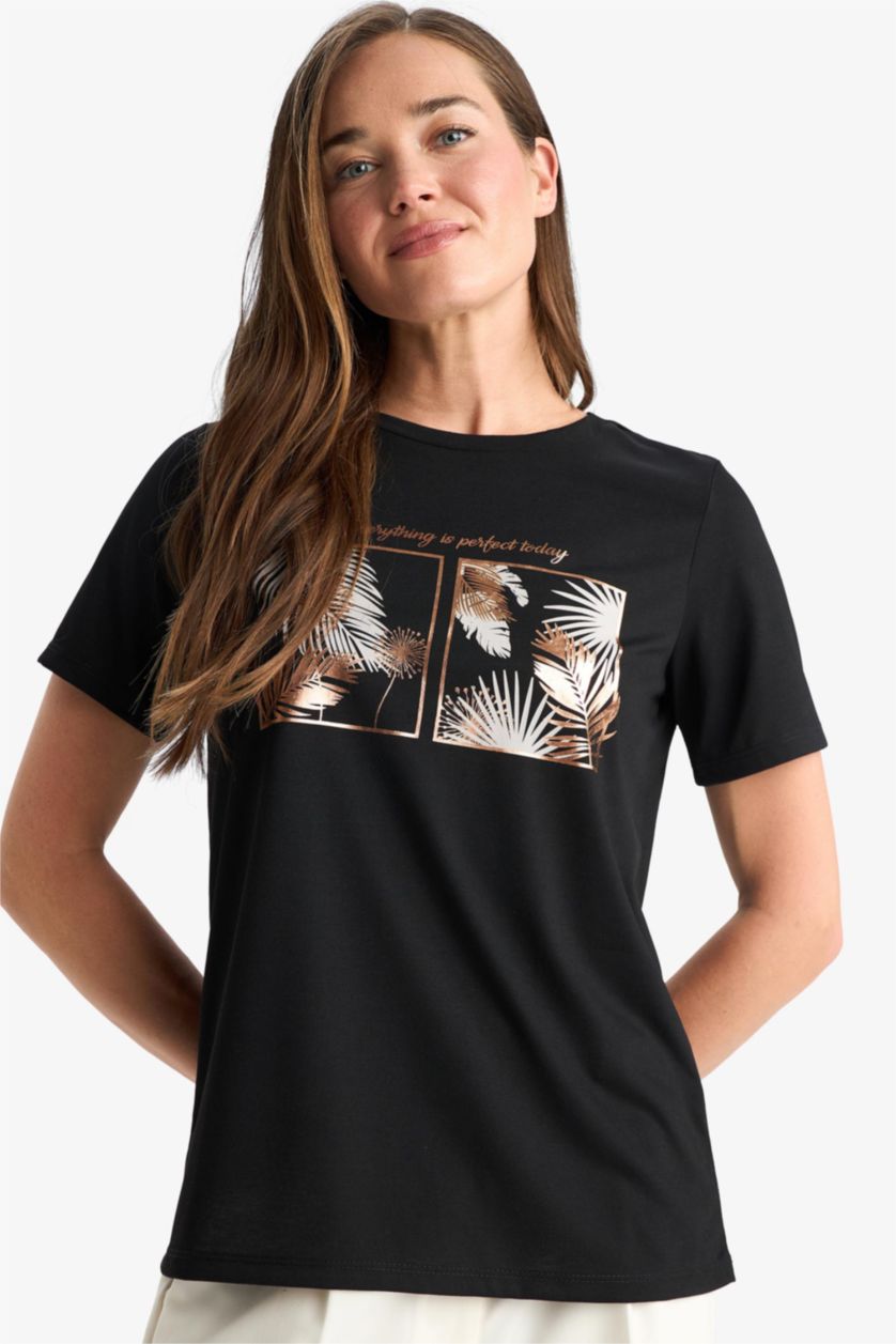 Woman Black Crew Neck Floral Short Sleeve T-Shirt